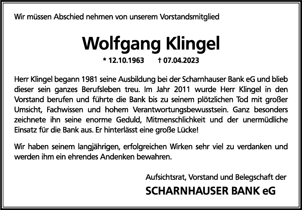  Traueranzeige für Wolfgang Klingel vom 15.04.2023 aus Eßlinger Zeitung/Cannstatter Zeitung