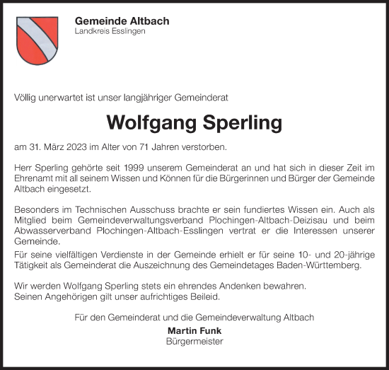 Traueranzeige von Wolfgang Sperling von Eßlinger Zeitung/Cannstatter Zeitung