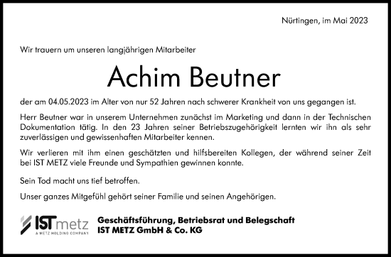 Traueranzeige von Achim Beutner von Eßlinger Zeitung/Cannstatter Zeitung