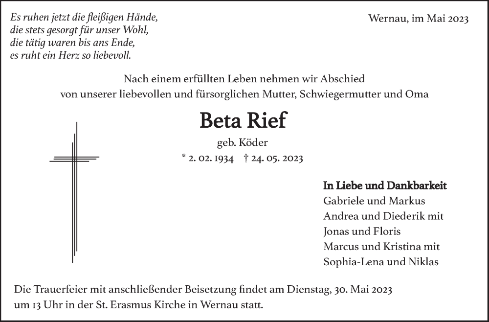  Traueranzeige für Beta Rief vom 27.05.2023 aus Eßlinger Zeitung/Cannstatter Zeitung