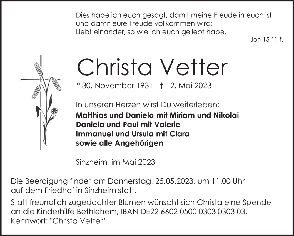  Traueranzeige für Christa Vetter vom 20.05.2023 aus Eßlinger Zeitung/Cannstatter Zeitung