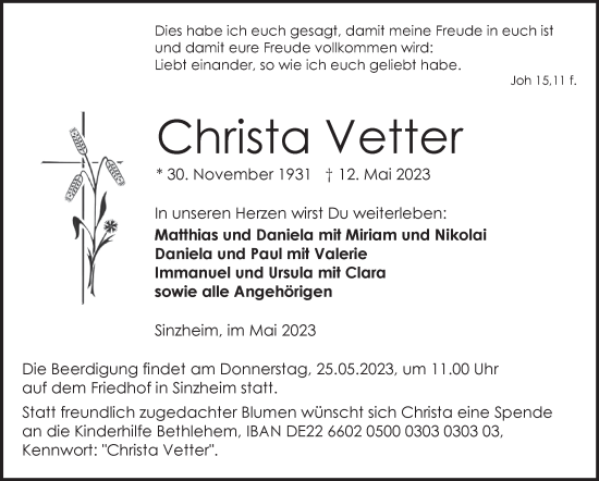 Traueranzeige von Christa Vetter von Eßlinger Zeitung/Cannstatter Zeitung