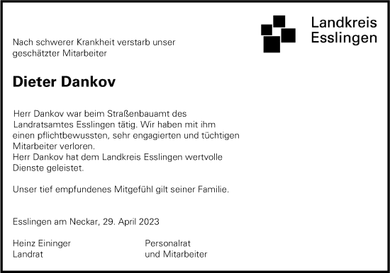 Traueranzeige von Dieter Dankov von Eßlinger Zeitung/Cannstatter Zeitung