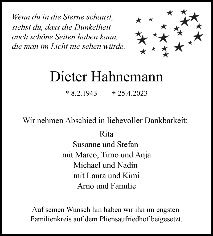  Traueranzeige für Dieter Hahnemann vom 12.05.2023 aus Eßlinger Zeitung/Cannstatter Zeitung