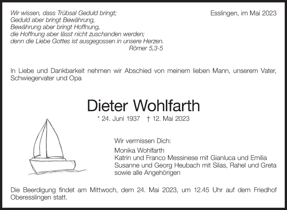 Traueranzeige für Dieter Wohlfarth vom 17.05.2023 aus Eßlinger Zeitung/Cannstatter Zeitung