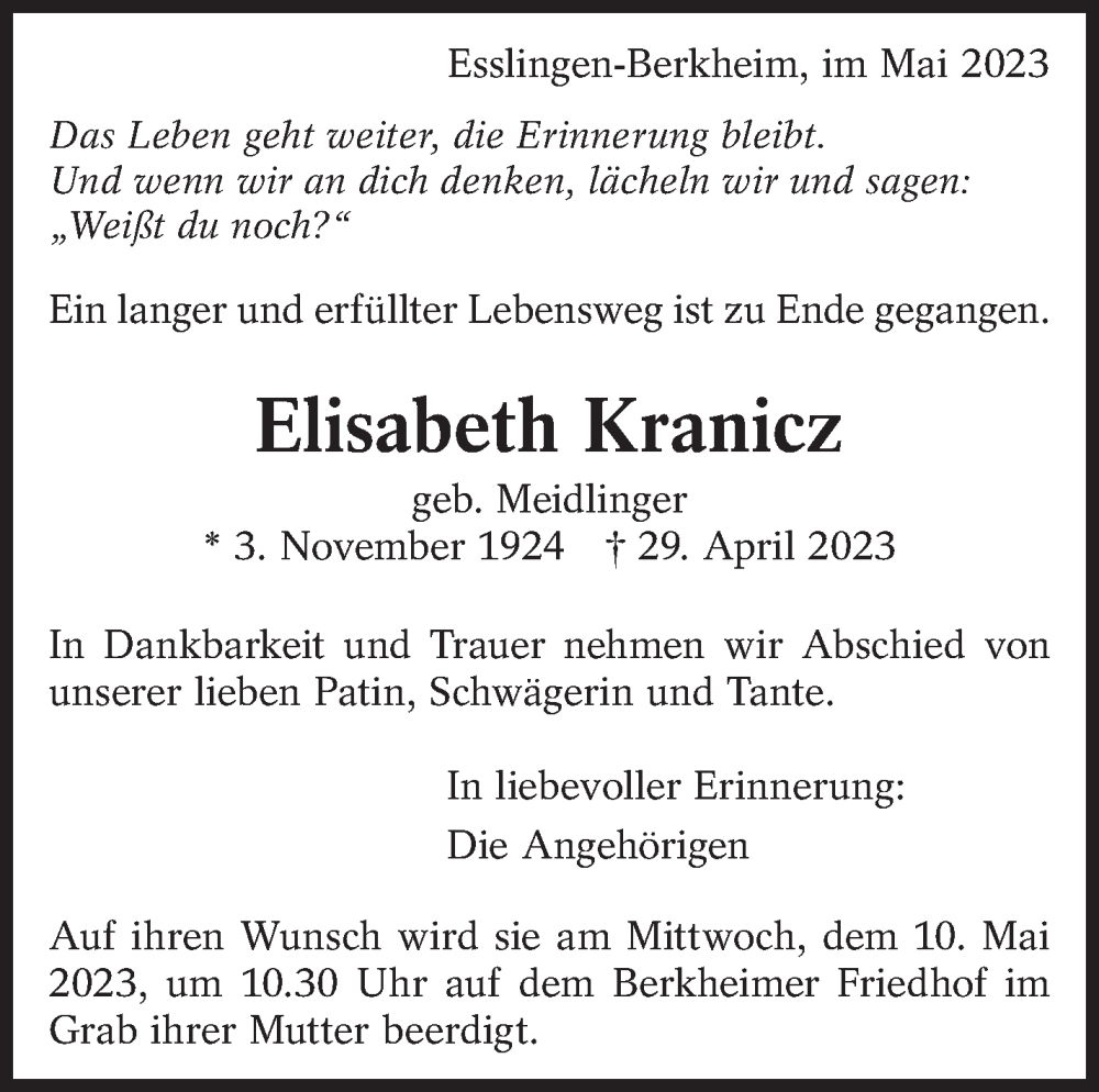  Traueranzeige für Elisabeth Kranicz vom 06.05.2023 aus Eßlinger Zeitung/Cannstatter Zeitung