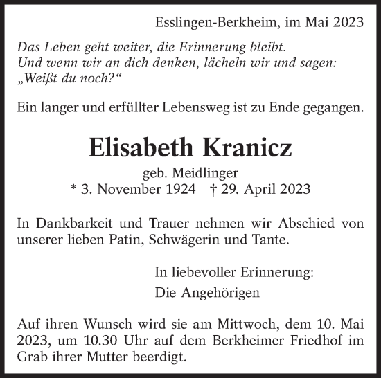 Traueranzeige von Elisabeth Kranicz von Eßlinger Zeitung/Cannstatter Zeitung