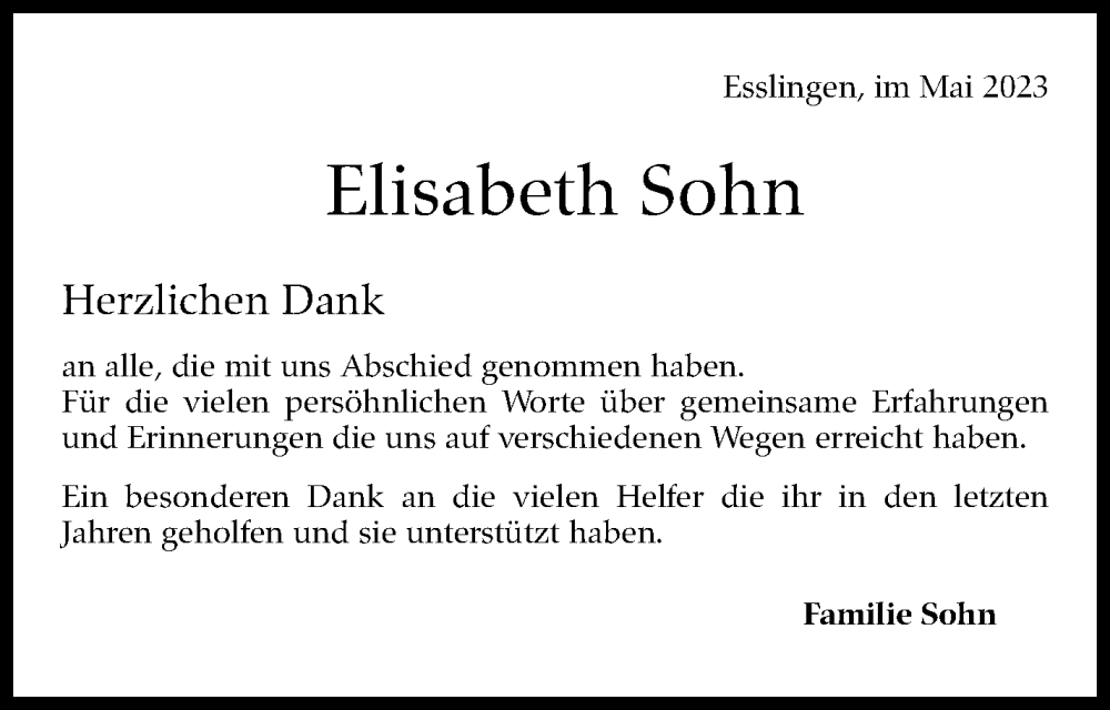  Traueranzeige für Elisabeth Sohn vom 09.05.2023 aus Eßlinger Zeitung/Cannstatter Zeitung