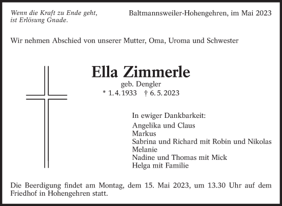 Traueranzeige von Ella Zimmerle von Eßlinger Zeitung/Cannstatter Zeitung