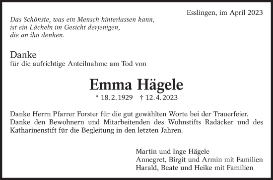 Traueranzeige von Emma Hägele von Eßlinger Zeitung/Cannstatter Zeitung