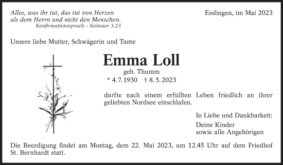 Traueranzeige von Emma Loll von Eßlinger Zeitung/Cannstatter Zeitung