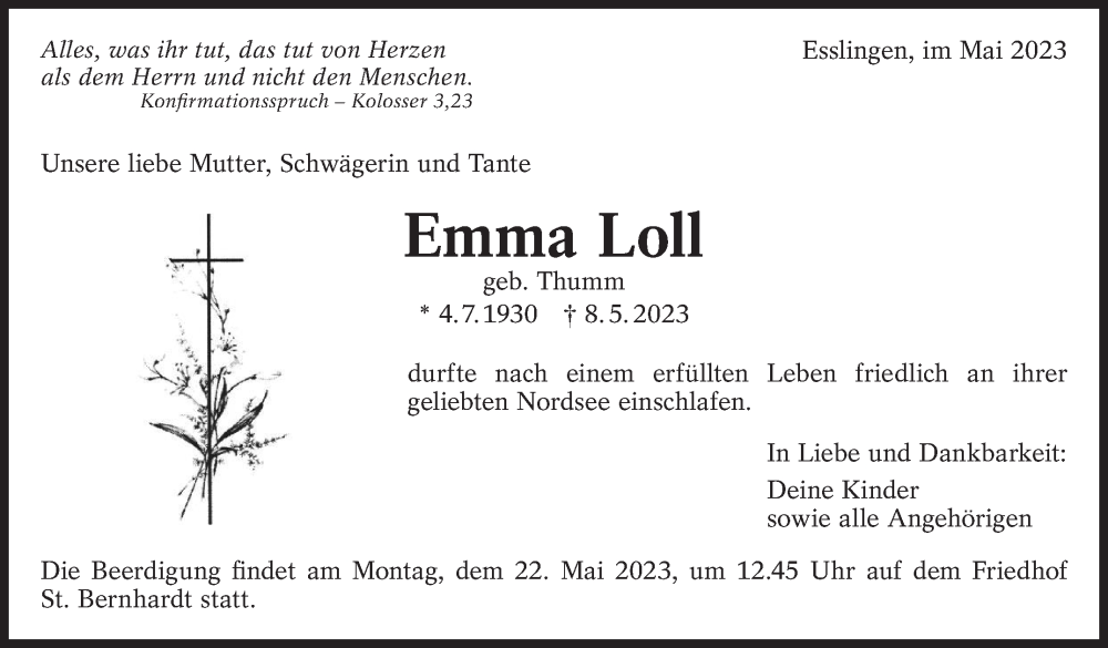  Traueranzeige für Emma Loll vom 16.05.2023 aus Eßlinger Zeitung/Cannstatter Zeitung