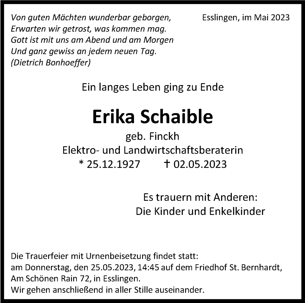  Traueranzeige für Erika Schaible vom 20.05.2023 aus Eßlinger Zeitung/Cannstatter Zeitung