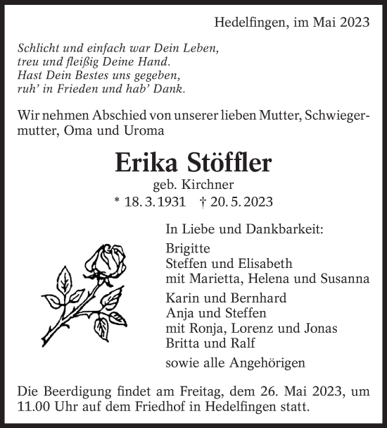 Traueranzeige von Erika Stöffler von Eßlinger Zeitung/Cannstatter Zeitung