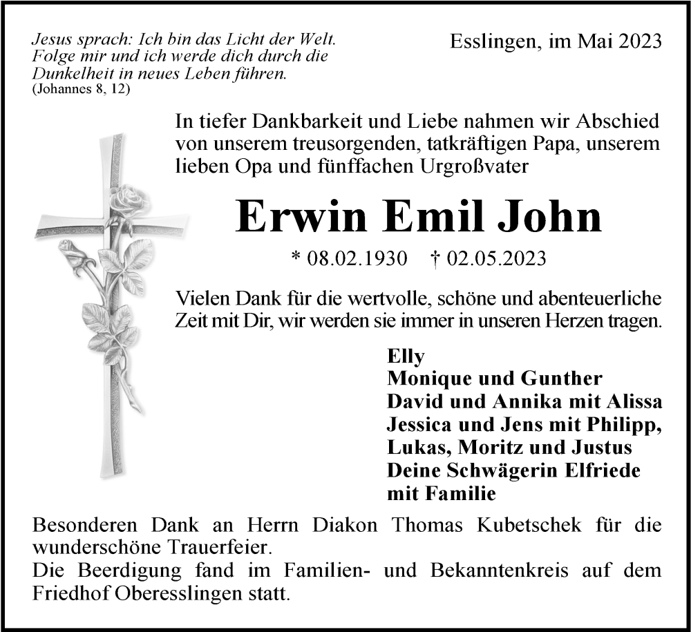  Traueranzeige für Erwin Emil John vom 13.05.2023 aus Eßlinger Zeitung/Cannstatter Zeitung