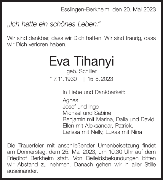 Traueranzeige von Eva Tihanyi von Eßlinger Zeitung/Cannstatter Zeitung