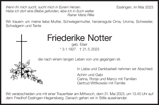 Traueranzeige von Friederike Notter von Eßlinger Zeitung/Cannstatter Zeitung