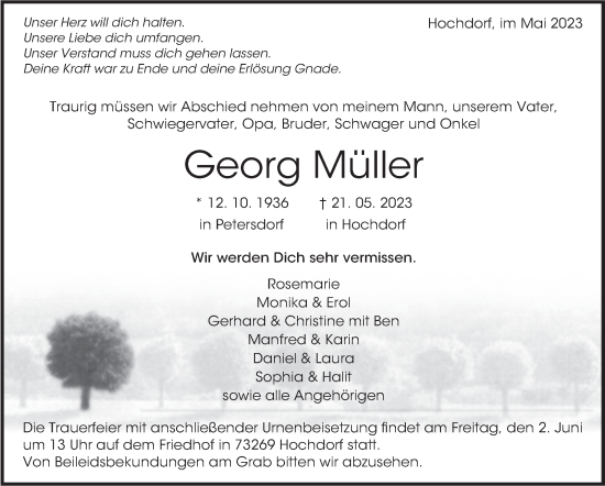 Traueranzeige von Georg Müller von Eßlinger Zeitung/Cannstatter Zeitung