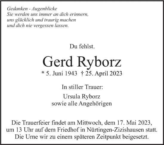 Traueranzeige von Gerd Ryborz von Eßlinger Zeitung/Cannstatter Zeitung