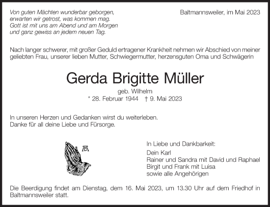 Traueranzeige von Gerda Brigitte Müller von Eßlinger Zeitung/Cannstatter Zeitung