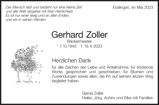 Traueranzeige von Gerhard Zoller von Eßlinger Zeitung/Cannstatter Zeitung