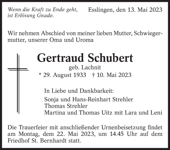 Traueranzeige von Gertraud Schubert von Eßlinger Zeitung/Cannstatter Zeitung