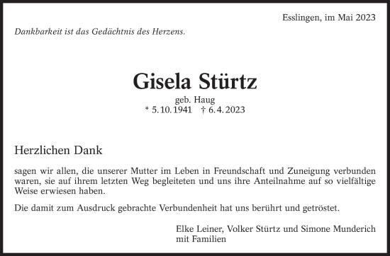 Traueranzeige von Gisela Stürtz von Eßlinger Zeitung/Cannstatter Zeitung