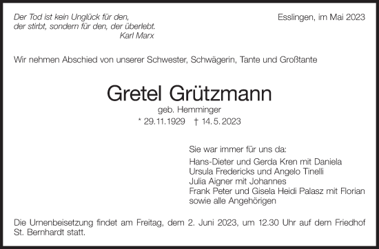 Traueranzeige von Gretel Grützmann von Eßlinger Zeitung/Cannstatter Zeitung