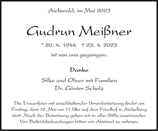 Traueranzeige von Gudrun Meißner von Eßlinger Zeitung/Cannstatter Zeitung
