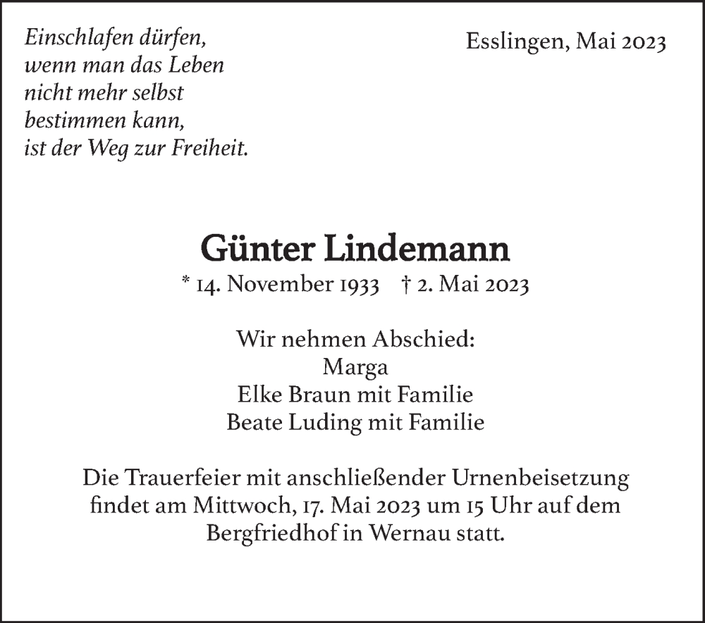  Traueranzeige für Günter Lindemann vom 13.05.2023 aus Eßlinger Zeitung/Cannstatter Zeitung