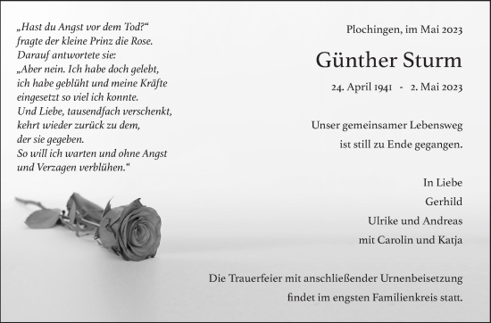 Traueranzeige von Günther Sturm von Eßlinger Zeitung/Cannstatter Zeitung