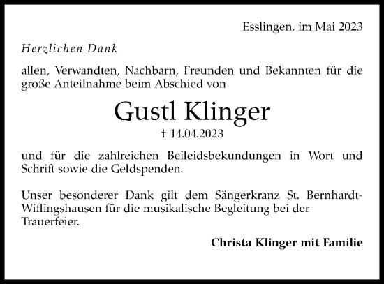 Traueranzeige von Gustl Klinger von Eßlinger Zeitung/Cannstatter Zeitung