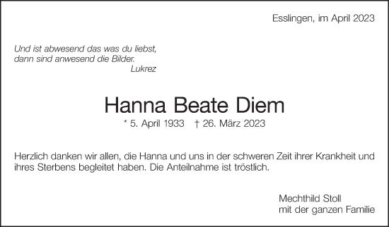 Traueranzeige von Hanna Beate Diem von Eßlinger Zeitung/Cannstatter Zeitung