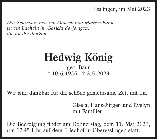 Traueranzeige von Hedwig König von Eßlinger Zeitung/Cannstatter Zeitung