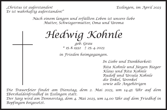Traueranzeige von Hedwig Kohnle von Eßlinger Zeitung/Cannstatter Zeitung