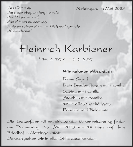 Traueranzeige von Heinrich Karbiener von Eßlinger Zeitung/Cannstatter Zeitung