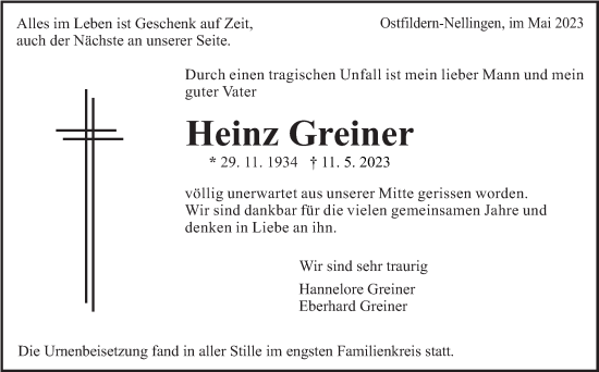 Traueranzeige von Heinz Greiner von Eßlinger Zeitung/Cannstatter Zeitung