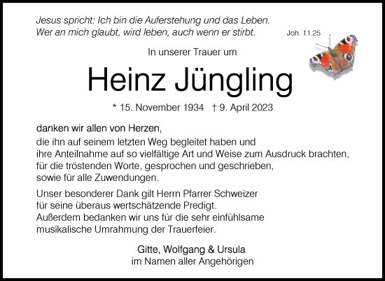 Traueranzeige von Heinz Jüngling von Eßlinger Zeitung/Cannstatter Zeitung