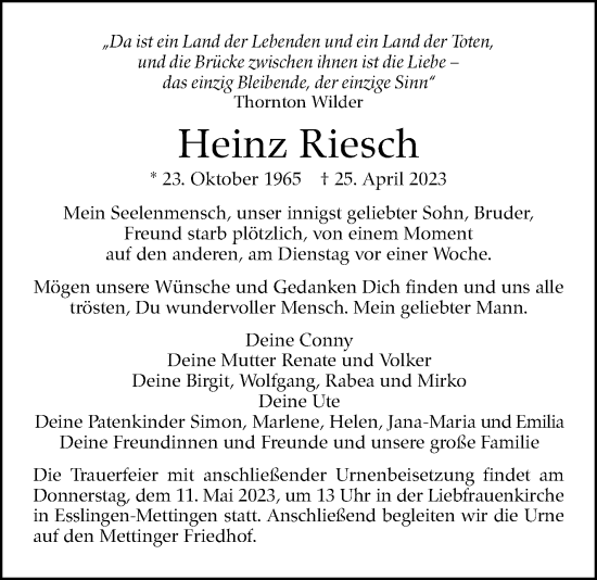 Traueranzeige von Heinz Riesch von Eßlinger Zeitung/Cannstatter Zeitung