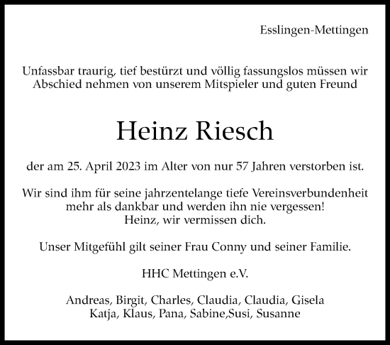 Traueranzeige von Heinz Riesch von Eßlinger Zeitung/Cannstatter Zeitung