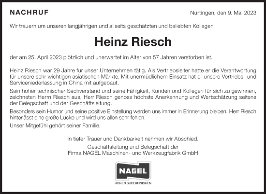 Traueranzeige von Heinz Riesch von Eßlinger Zeitung/Cannstatter Zeitung