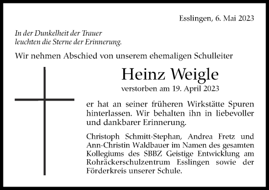 Traueranzeige von Heinz Weigle von Eßlinger Zeitung/Cannstatter Zeitung