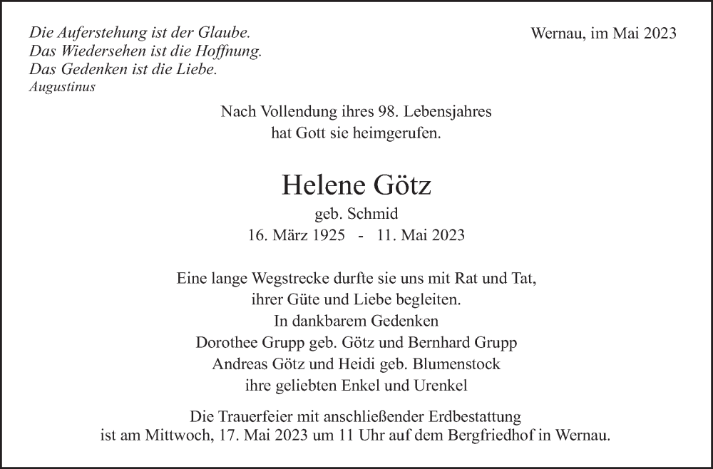  Traueranzeige für Helene Götz vom 15.05.2023 aus Eßlinger Zeitung/Cannstatter Zeitung