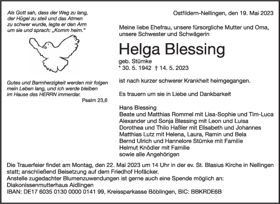 Traueranzeige von Helga Blessing von Eßlinger Zeitung/Cannstatter Zeitung