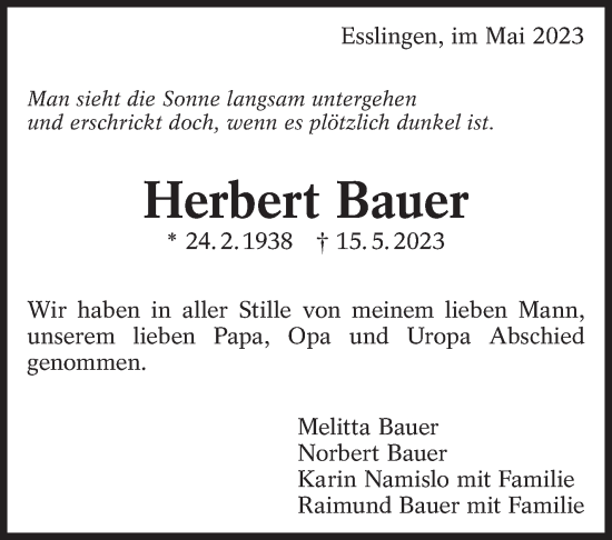 Traueranzeige von Herbert Bauer von Eßlinger Zeitung/Cannstatter Zeitung
