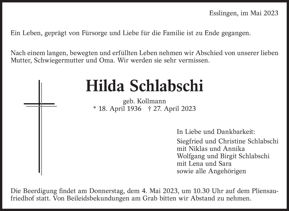  Traueranzeige für Hilda Schlabschi vom 03.05.2023 aus Eßlinger Zeitung/Cannstatter Zeitung