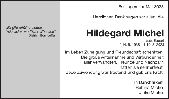 Traueranzeige von Hildegard Michel von Eßlinger Zeitung/Cannstatter Zeitung