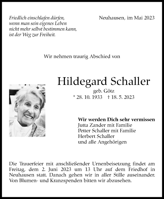 Traueranzeige von Hildegard Schaller von Eßlinger Zeitung/Cannstatter Zeitung