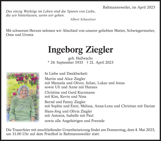 Traueranzeige von Ingeborg Ziegler von Eßlinger Zeitung/Cannstatter Zeitung