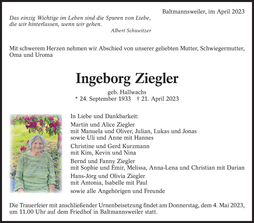  Traueranzeige für Ingeborg Ziegler vom 29.04.2023 aus Eßlinger Zeitung/Cannstatter Zeitung